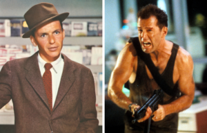 Headshot of Frank Sinatra beside a photo of Bruce Willis running in 'Die Hard.'