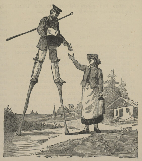 Mailman on stilts handing a lady a letter