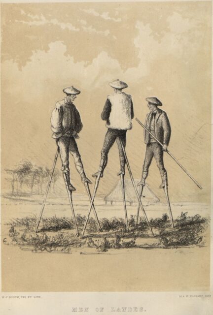 Drawing of three stilt walkers standing together