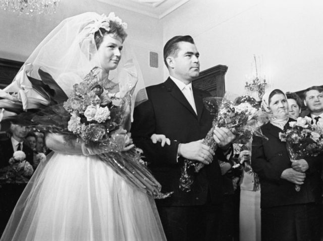 The wedding ceremony of pilot-cosmonauts Valentina Tereshkova and Andriyan Nikolayev, November 3, 1963. Photo byRIA Novosti archive, Alexander Mokletsov CC-BY-SA 3.0