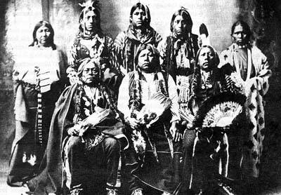 Tonkawa: Standing L-R, Winnie Richards, John Rush Buffalo, William Stevens, John Allen, and Mary Richards. Seated L-R John Williams, Grant Richards, and Sherman Mile