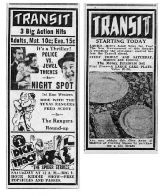 Transit Theater advertisement for the American films Night Spot (1938), The Rangers’ Round-Up (1938), and chapter 1 of the film serial Dick Tracy (1937) – 27 May 1938 Morning Call, Allentown, PA.