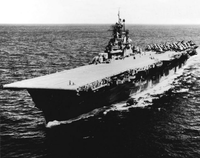 USS Bunker Hill (CV-17) at sea in 1945
