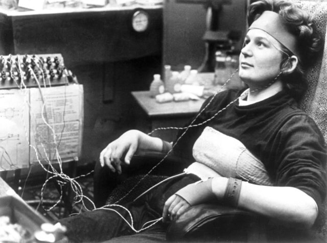 Valentina Tereshkova sitting while hooked up to a machine