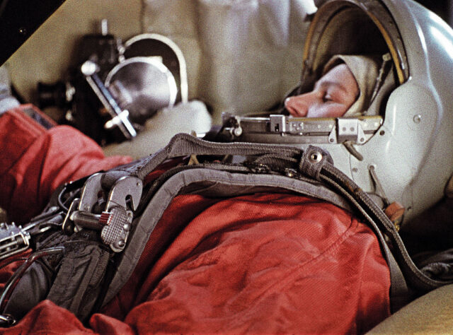 Valentina Tereshkova sitting in a training simulator