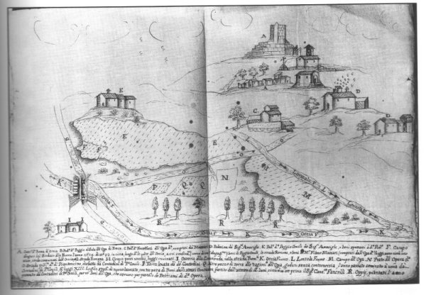 Mediaeval Italian manuscript depicting the Castle of Tentennano on the Via Francigena.