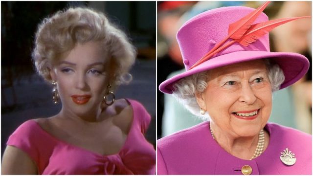 Pretty in pink. Marilyn Monroe (L) and Queen Elizabeth II (R).