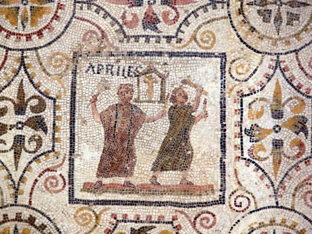 April panel from a Roman mosaic of the months (from El Djem, Tunisia, first half of 3rd century AD). Photo by Ad Meskens CC BY-SA 3.0