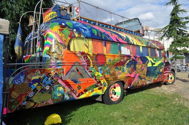 “Further” / “Furthur”, Ken Kesey and the Merry Pranksters’ famous bus, Hempfest, Myrtle Edwards Park, Seattle, Washington, 2010, at which time it had recently been restored. Photo by Joe Mabel CC BY-SA 3.0