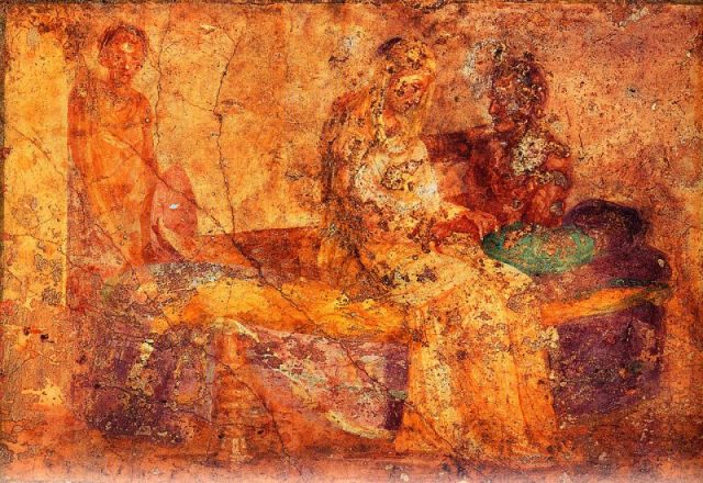 Fresco of couple in bed.
