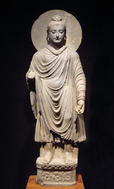 Greco-Buddhist statue of standing Buddha, Gandhara (1st–2nd century), Tokyo National Museum