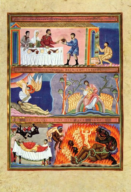 Lazarus and Dives, illumination from the Codex Aureus of Echternach.