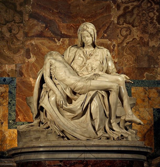 The statue features Mary holding her child’s dead body. Photo by Stanislav Traykov CC BY 2.5