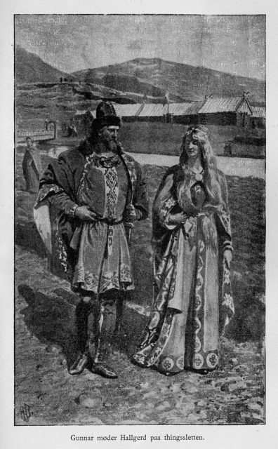 Gunnar meets his future wife Hallgerðr Höskuldsdóttir at the Alþingi, from Njáls saga.