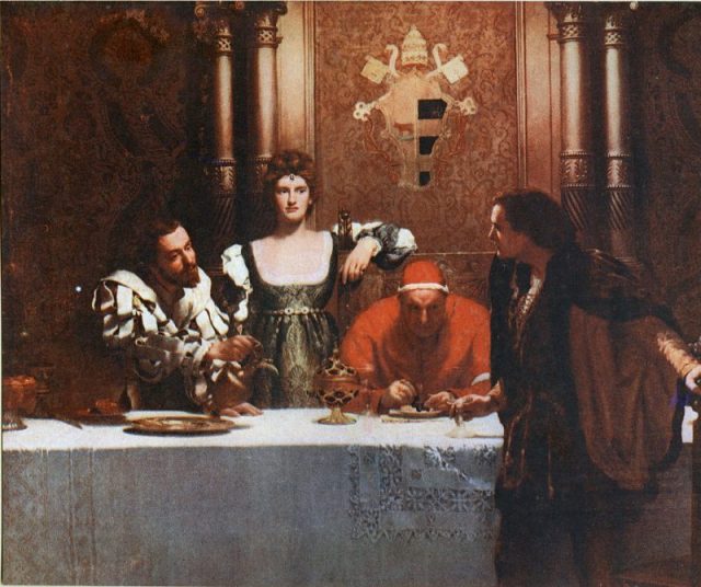 A Glass of Wine with Caesar Borgia (1893) by John Collier. From left: Cesare Borgia, Lucrezia Borgia, Pope Alexander VI, and a young man holding an empty glass.
