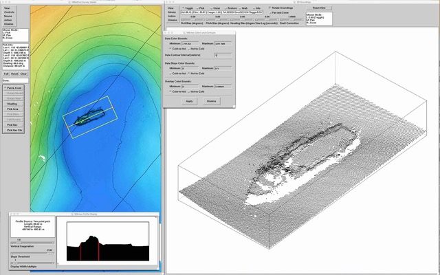 This screen shot shows several sonar images of the wreck of the American Heritage. These images were created using data from MBARI’s seafloor-mapping AUV during a survey of faults and submarine canyons offshore of Santa Monica Bay. Photo Credit: avid Caress © 2018 MBARI