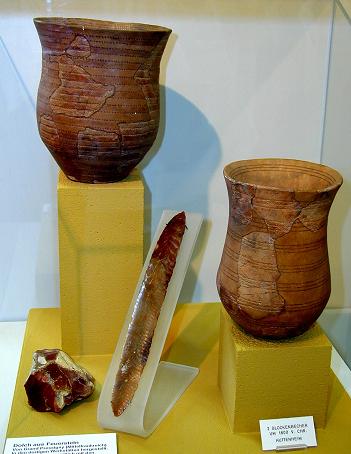 The distinctive Bell Beaker pottery vessels shaped like a reversed bell, early examples from southwestern Germany (Stadtmuseum Bruchsal). Photo by Thomas Ihle CC BY-SA 3.0