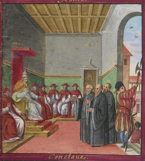 Conclave of Pius V, with Swiss Guard guarding the entrance (Codex Maggi, 1578).