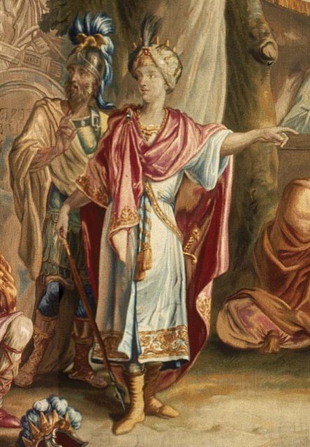 Cyrus the Great (center) with his General Harpagus behind him, as he receives the submission of Astyages (18th century tapestry).
