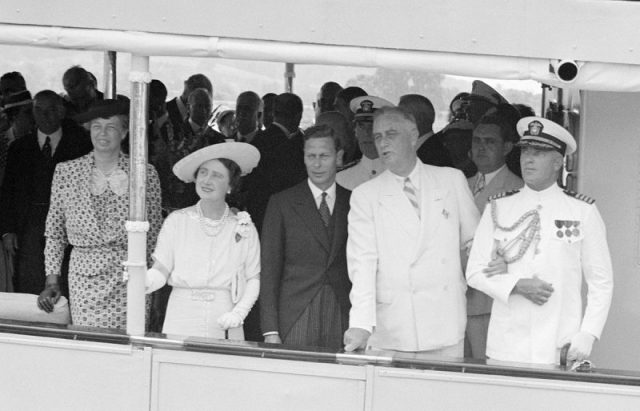 The Roosevelts with the King and Queen of Great Britain sailing from Washington, D.C. to Mt. Vernon, Virginia on the USS Potomac. June 9, 1939.