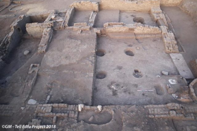 View (from the East) of the main columned hall of the early 18th Dynasty urban villa discovered at Tell Edfu. Photo ©GM – Tell Edfu Project 2018