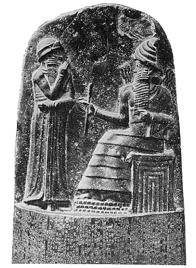 Figures at the top of the stele ‘fingernail’, above Hammurabi’s code of laws.