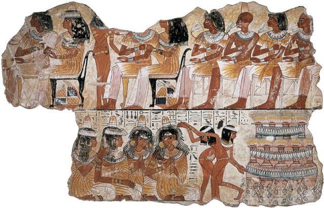 Banquet scene from the tomb chapel of Nebamun, 14th century BC. Its imagery of music and dancing alludes to Hathor.