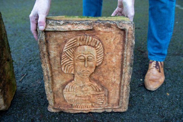 One of two 7th century limestone Visigoth reliefs is displayed, having been recovered by Dutch art detective Arthur Brand (not pictured), in north London on January 20, 2019, the reliefs, depicting evangelists, where both stolen from the Maria del Lara Church in Spain.(Photo credit NIKLAS HALLE’N/AFP/Getty Images)