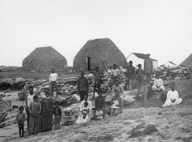 Group of villagers at Pu’uwai Beach settlement, Ni’ihau in 1885. Photograph taken by Francis Sinclair, son of Elizabeth McHutchison Sinclair.