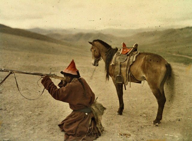 Hunter, near Urga, Mongolia. Autochrome.