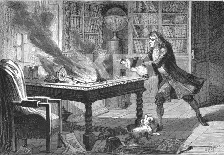 An 1874 engraving showing a probably apocryphal account of Newton’s lab fire. In the story, Newton’s dog started the fire, burning 20 years of research. Newton is thought to have said: “O Diamond, Diamond, thou little knowest the mischief thou hast done.”