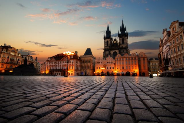 View of Old Town Square in Prague at sunrise.
