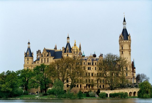 Schwerin Castle, located on an island in the lake of the same name, Schweriner See. It was for centuries the residence of the Dukes of Mecklenburg and today is the seat of the Landtag.