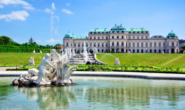 Vienna, Austria – May 28, 2015: The famous Upper Belvedere Palace. The Belvedere is a historic building complex in Vienna, Austria, consisting of two Baroque palaces the Upper (1717-1723), Lower Belvedere (1714-1716) and Gardens by Dominique Girard. The Belvedere was one of the first public museums to open (1781) in the world.