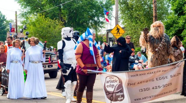 Twinsburg, OH, USA – August 8, 2015: Twins and others dressed as characters from Star Wars walk in the Double Take Parade, part of the 40th annual Twins Day festival, the largest gathering of twins in the world.