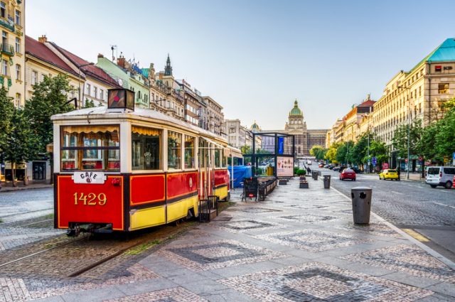 May 27, 2018: tram restaurant in Wenceslas Square, Prague, Czech Republic.