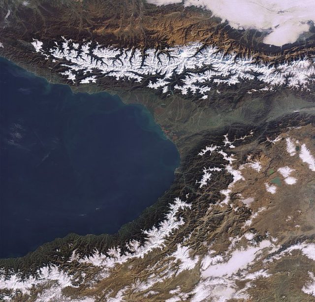 Satellite image of Colchis: Black Sea, Colchian lowlands, Caucasian mountains.