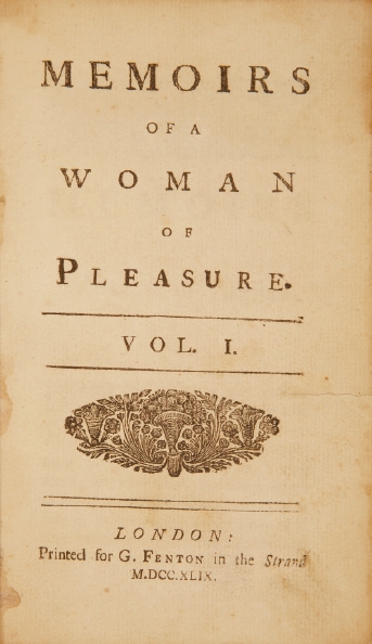 Title page of Fanny Hill under original title Memoirs of a Woman of Pleasure, 1749. One of earliest editions.