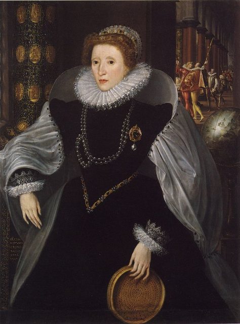 Elizabeth I of England, The Sieve Portrait. Elizabeth is portrayed as Tuccia, a Vestal Virgin who proved her chastity by carrying a sieve full of water from the Tiber to the Temple of Vesta. She is surround by symbols of imperial majesty including a column with an imperial crown at its base and a globe. The portrait is dated 1583 on the base of the globe.