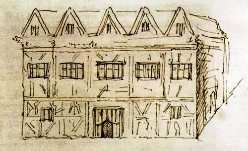 New Place sketched by George Vertue from contemporary descriptions when he visited Stratford-on-Avon in 1737.