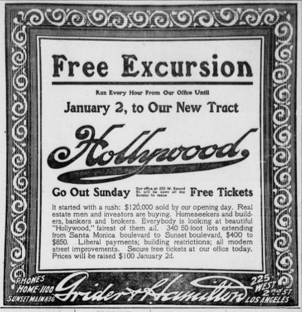 Newspaper advertisement for Hollywood land sales, 1908.