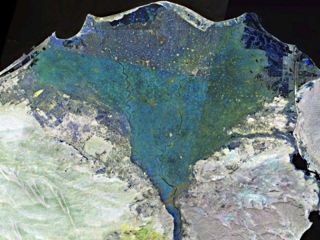 NASA satellite photograph of the Nile Delta (shown in false color).