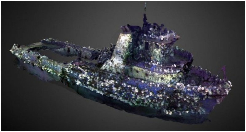 3-D reconstruction of the wreck of the American
Heritage. Created using still images from MBARI’s remotely operated vehicle Doc Ricketts. Photo Credit Ben Erwin © 2018 MBARI 