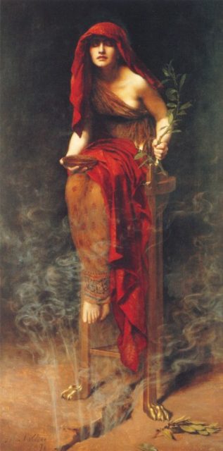 Priestess of Delphi (1891) by John Collier, showing the Pythia sitting on a tripod with vapor rising from a crack in the earth beneath her.