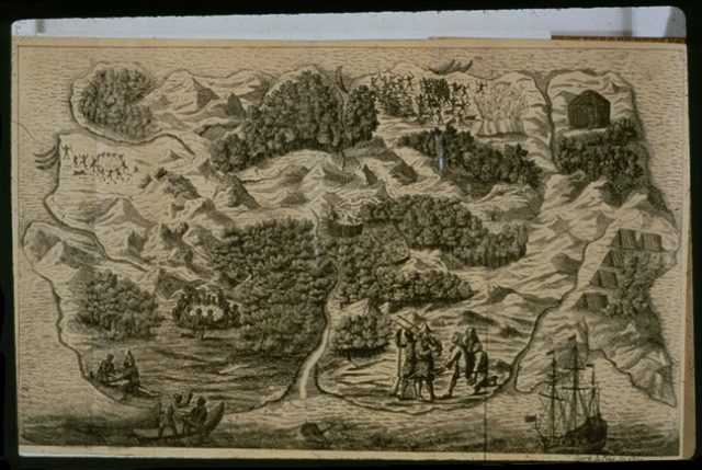 Pictorial map of Crusoe’s island, the “Island of Despair”, showing incidents from the book