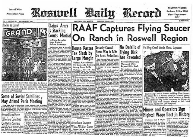 Roswell Daily Record, July 8, 1947, announcing the “capture” of a “flying saucer.”