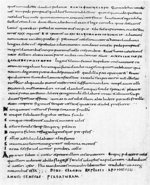 Apocolocyntosis, from a 9th century manuscript of the Abbey library of Saint Gall.