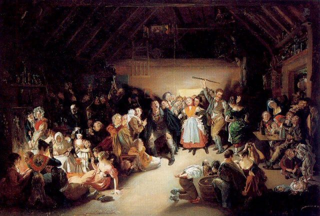 Snap-Apple Night (1833), painted by Daniel Maclise, shows people playing divination games on October 31st in Ireland.