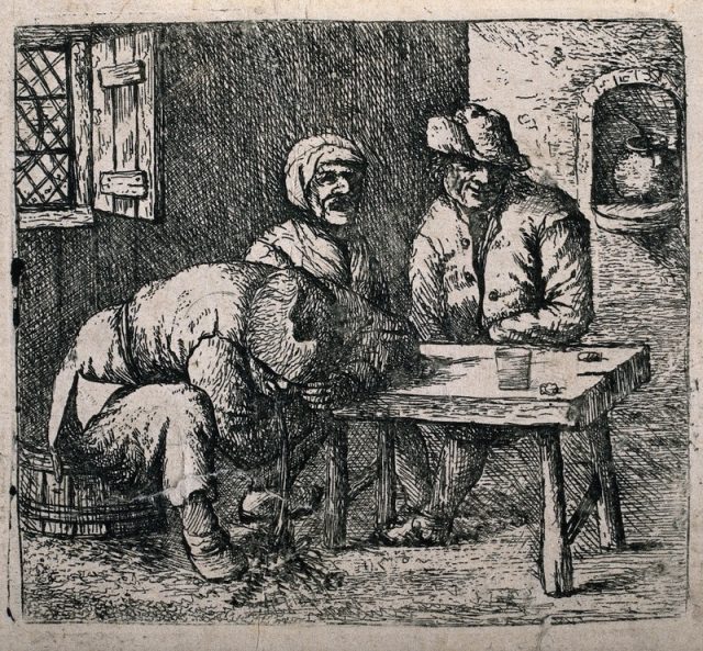 Two peasants sit at a table as a third man vomits on the floor. Etching by D. Deuchar, c. 1784. Photo by Wellcome Images CC BY 4.0