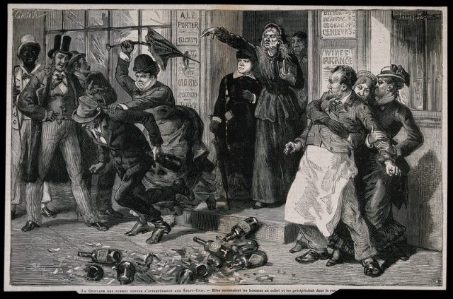 Women eject a drunk and publican from a bar in a crusade against drunkenness. Wood-engraving by A. Joliet, c. 1875, after Castelli. Photo by Wellcome Images CC BY 4.0
